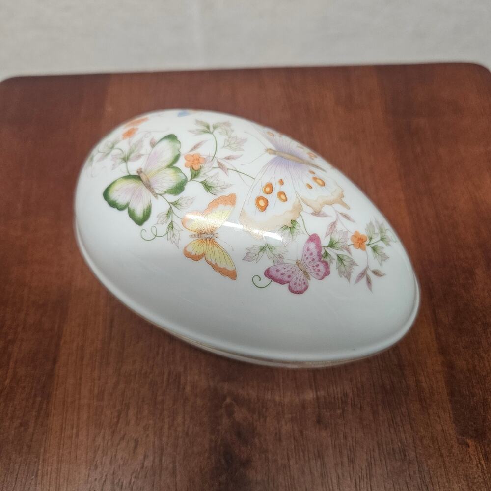 Vintage 1974 Avon Egg Shaped Butterfly Theme Trinket Dish w/ 22K Gold Trim